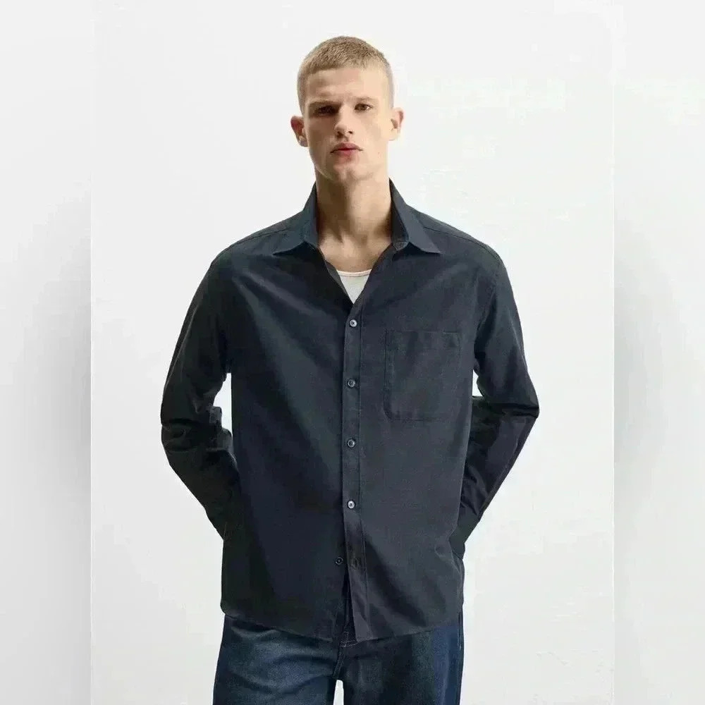 Zara Man Slim Fit Navy Button-Up Shirt - Size Medium